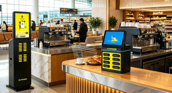 Power Bank Rental UAE devices in malls, airports, and tourist spots, showcasing shared charging solutions