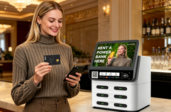 POS shared power bank devices deployed in Italy restaurants, cafes, and retail locations for rental charging services
