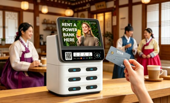 POS shared power bank Korea resort scene, supports card and QR code rental