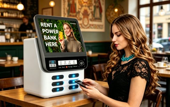 Lithuania POS shared power bank, Nayax POS all-in-one, cafe and street rental scene, high-traffic location