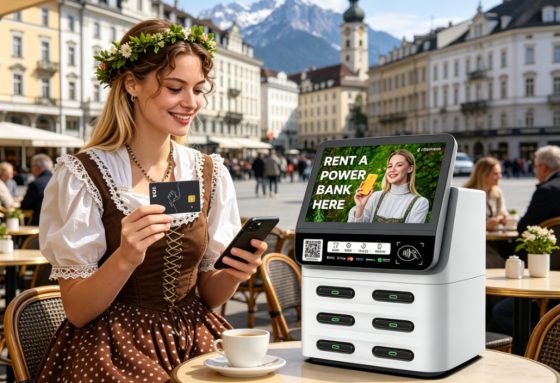 shared power bank POS machine with dual-screen display for advertising and fast charging in Austria