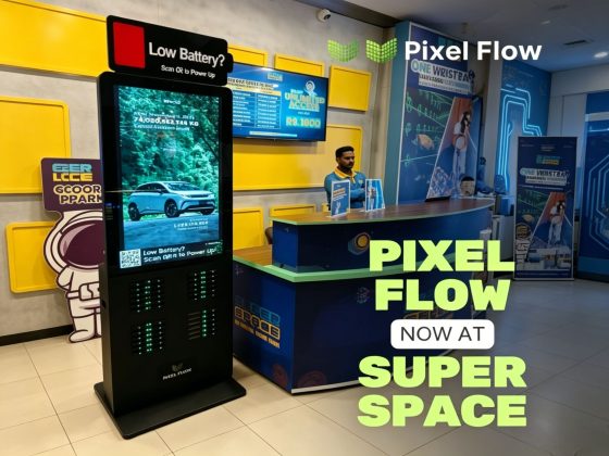 Pakistan shared power bank devices display, PIXEL FLOW brand deployed in shopping malls, transportation hubs and commercial districts