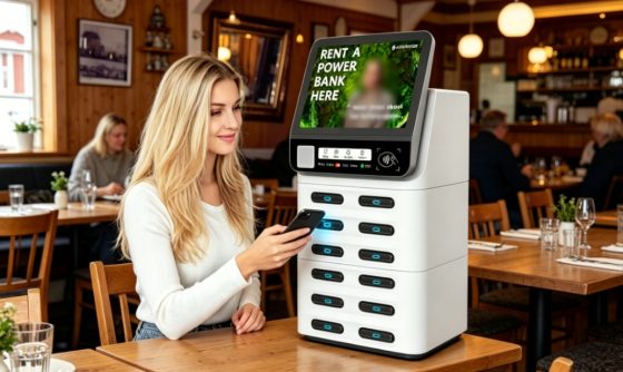 Norway POS shared power bank, Nayax POS all-in-one, shopping mall and cafe rental scene, high-traffic location